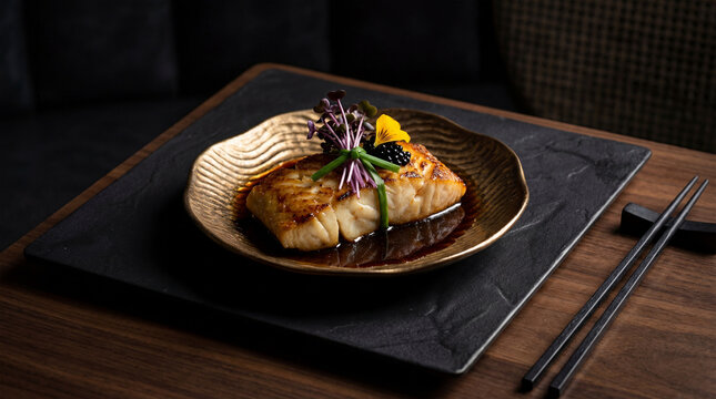 Gourmet miso glazed black cod fillet served on a textured gold plate with caviar and microgreens