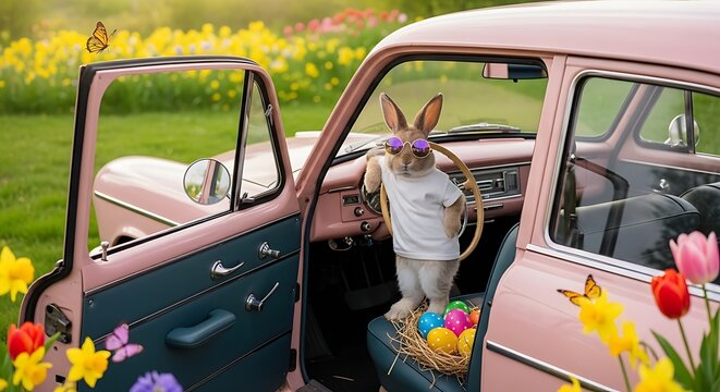 Easter bunny driving a vintage car