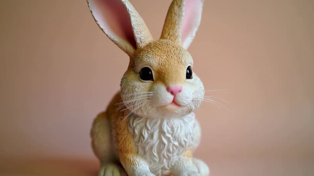 A sweet and colorful toy bunny figurine sitting on a pastel background, evoking a sense of playfulness and innocence.