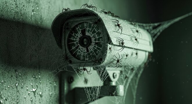 Abandoned security camera covered in cobwebs and dust on a weathered wall.