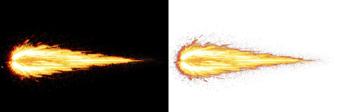 Cinematic muzzle flash fire blast, realistic gun flame effect for action movies, explosive orange fire trail and weapon spark overlay isolated PNG with Transparent Background