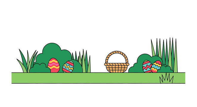 easter eggs and wicker basket are on green grass and bushes a colorful flat design for an easter egg hunt spring holiday.