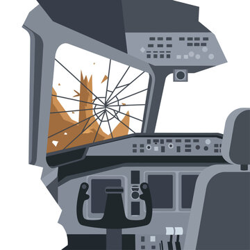 airplane cockpit with a severely cracked windshield after a crash showing damage and a dangerous situation in flat design.