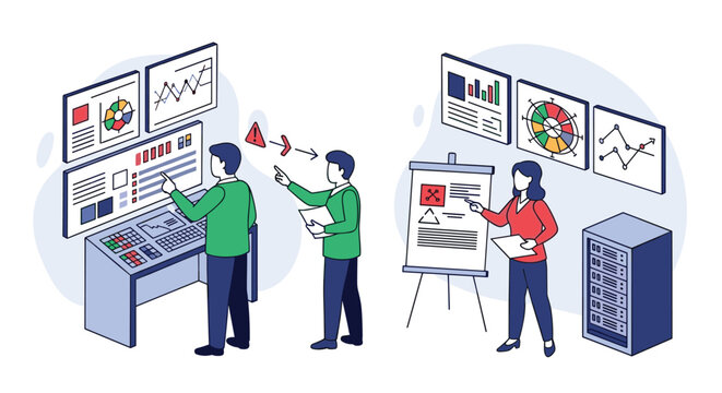 A team of IT professionals in an isometric data center monitors system alerts, analyzes risks, and manages server infrastructure.