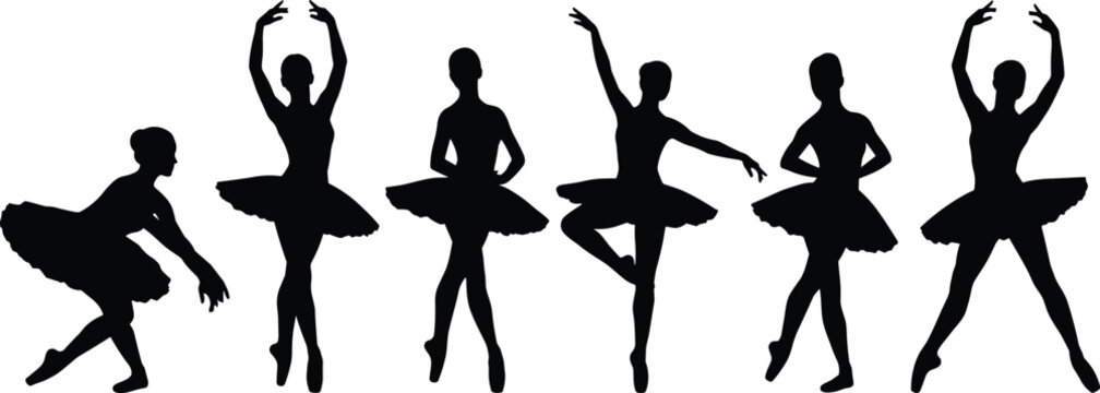 Set of six black vector silhouette female ballet dancers in classical performance poses including curtsy and resting isolated on white background for graphic design
