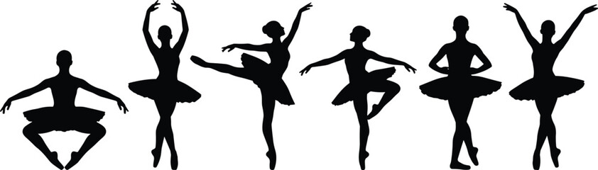 Set of six black vector silhouette female ballet dancers in various classical poses isolated on white background for dance studio graphic design © Sourav