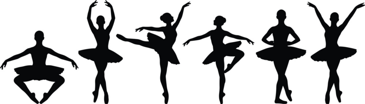 Set of six black vector silhouette female ballet dancers in various classical poses isolated on white background for dance studio graphic design