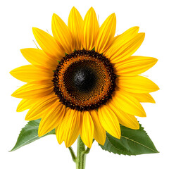 Fototapeta premium Vibrant yellow sunflower head with green leaves and stem, detailed isolated bloom on Transparent Background