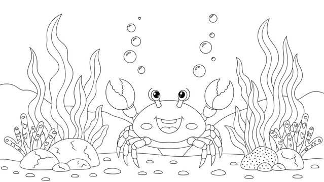 Underwater scene coloring page for children featuring a happy cartoon crab surrounded by ocean plants, coral, and air bubbles.