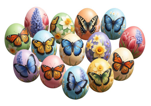 Colorful easter eggs with butterflies and flowers isolated on transparent background