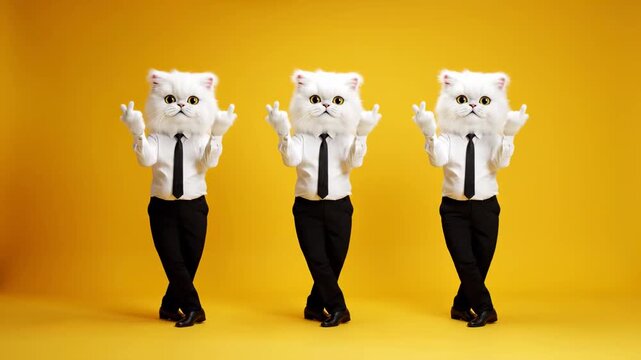 Whimsical Cat-Headed Businessmen Dancing, three figures in white shirts and black ties marching against a vibrant yellow background ideal for quirky social media marketing and creative advertising.