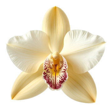 Elegant pale yellow orchid bloom with purple spotted center, transparent background