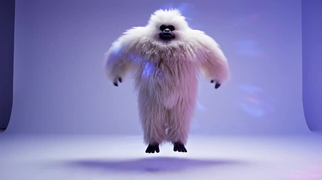 Energetic Yeti Dance featuring a person in a white furry abominable snowman costume in a studio, perfect for winter promotions or fun social media content.