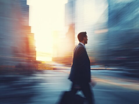 corporate businessman city commute on a blured office background with natural sunlight