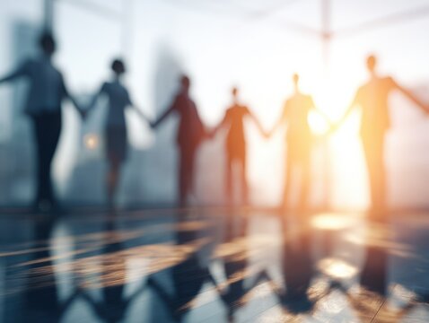 corporate team trust exercise on a blured office background with natural sunlight