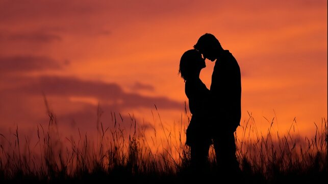 A romantic couple shares a tender kiss in a serene field at sunset