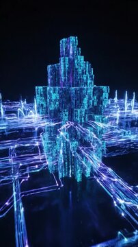 Abstract digital tunnel with falling binary code and glowing geometric structures