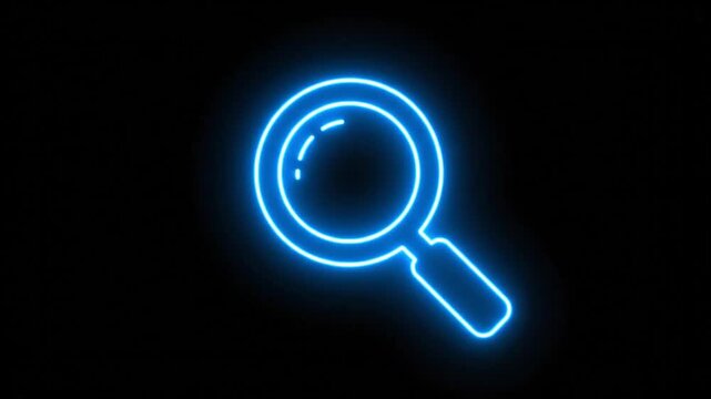 Neon Magnifying Glass Icon Animation on Black Background, Search and Discovery Concept.