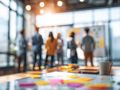 business team innovation workshop on a blured office background with natural sunlight