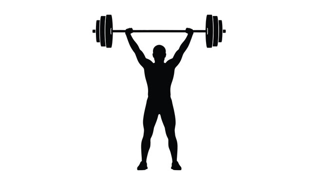 A silhouetted figure demonstrates a weightlifting snatch powerfully raising a barbell overhead with full extension high quality professional detailed modern elegant