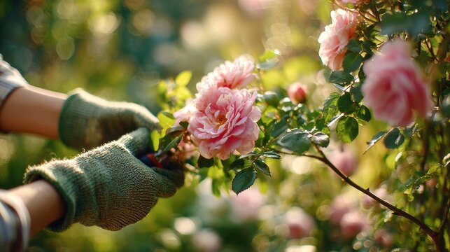 Close-up View of Hands in Gloves Pruning Roses in a Sunlit Garden During a Warm Morning With Soft Green Background