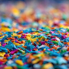 Fototapeta premium Macro shot of colorful recycled plastic flakes, representing the circular economy and sustainable plastic waste management.