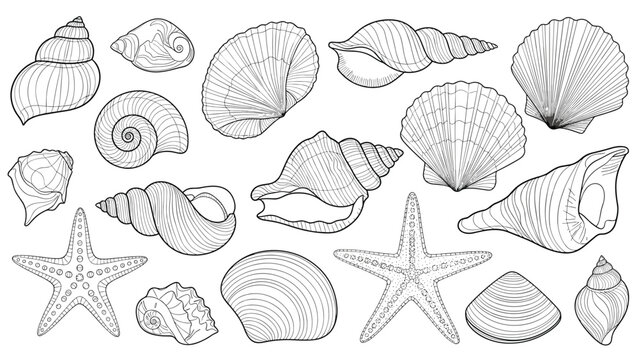 Detailed black and white engraving of various seashells and starfish arranged together in a beautiful marine collection.