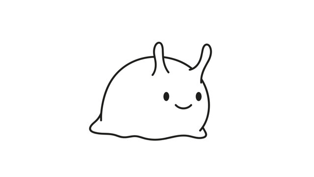 Adorable and simple black and white line drawing of a cute smiling slug with antennae on a plain white background.