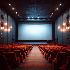Fototapeta premium Wide shot of an empty modern auditorium with red seats and a large blank white screen on stage for presentation and seminar concepts.