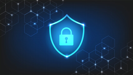 Digital security shield and lock icon on a dark blue background with glowing geometric hexagon patterns © pics3
