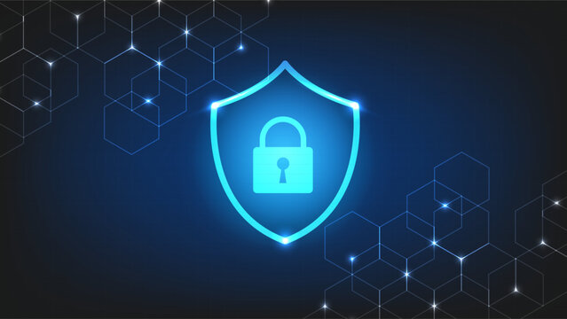 Digital security shield and lock icon on a dark blue background with glowing geometric hexagon patterns