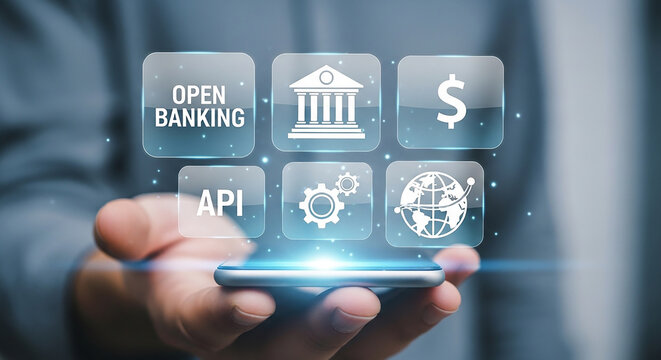 Open Banking Technology: A person's hand tenderly cradles a smartphone displaying an array of futuristic icons.