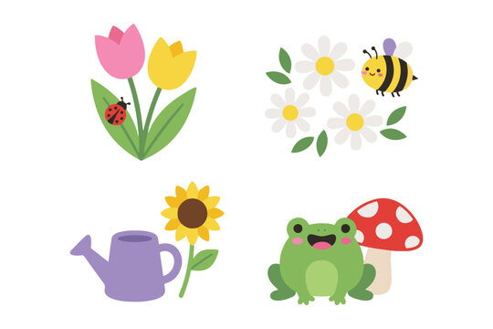 Spring Garden Vector Set with Bee, Frog, Flowers, and Ladybug, Cute Nature Wildlife Illustration