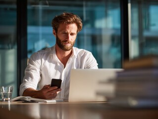 Fototapeta premium professional man remote working on a blured office background with natural sunlight