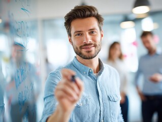 Naklejka premium team leader pointing whiteboard on a blured office background with natural sunlight