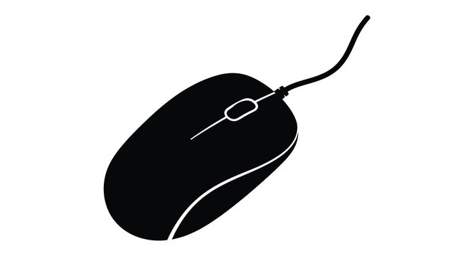 A simple black silhouette depicts a computer mouse with a visible cable and two buttons isolated on white high quality professional