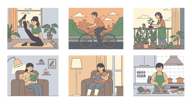 Collage of a woman engaging in various daily activities at home with a warm and cozy atmosphere.