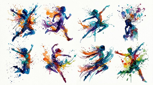 Colorful Watercolor Splatter Silhouette Set of People Running Jumping Dancing and Thinking: Abstract Artistic Figures for Sports Creativity Mental Health and Dynamic Energy Concept