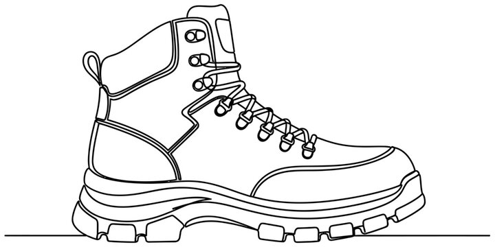A detailed black and white line art illustration of a rugged outdoor hiking boot for coloring.