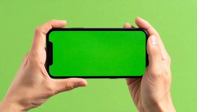 グリーンスクリーンの背景でスマートフォンを横向きに持つ両手のモックアップ