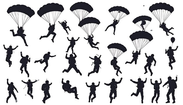 Silhouettes of sky divers falling, some with parachutes, in various poses against a white background