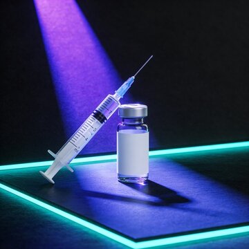 Syringe and blank peptide vial on lit platform for biohacking and wellness concept visuals, premium pharmaceutical editorial in futuristic dark studio with copy space