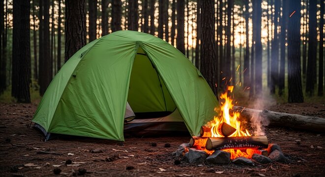 Green tent and campfire in a peaceful forest setting