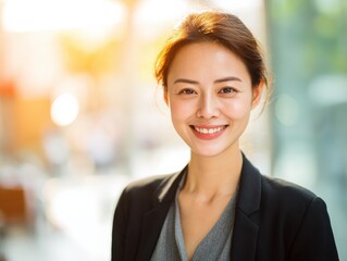 Fototapeta premium professional asian businesswoman smiling on a blured office background with natural sunlight
