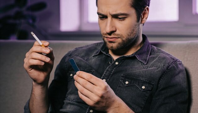 Thoughtful man holding a cigarette and nicotine patch while sitting on a couch for an addiction recovery campaign, moody urban setting with purple light