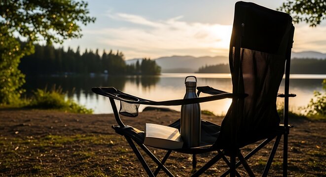 Camping chair with water bottle and book by the lake at sunset