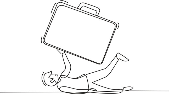 Minimalist continuous line art of a person carrying a giant briefcase, work pressure and career burden concept.