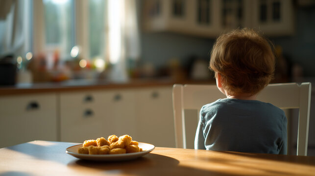 Child sitting at a table refusing to eat food, representing picky eating and parenting challenges.