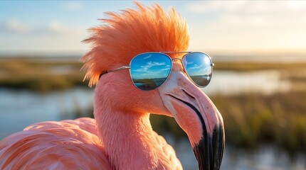 Fototapeta premium Pink Flamingo Wearing Blue Sunglasses Outdoors at Sunset