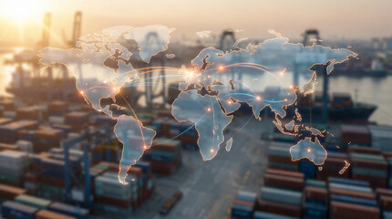 World map overlay with glowing connection points above busy port and stacked shipping containers, conveying global logistics, international trade, supply chain, connectivity and freight transportation